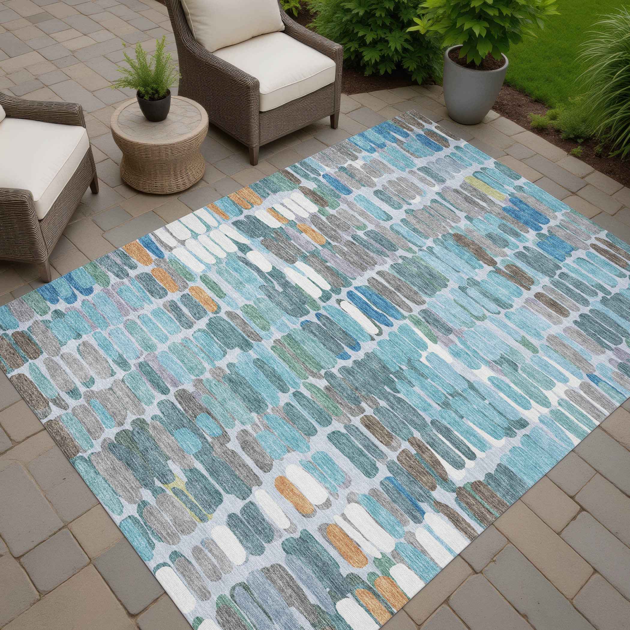 10' X 14' Teal Blue Copper And Ivory Abstract Washable Indoor Outdoor Area Rug