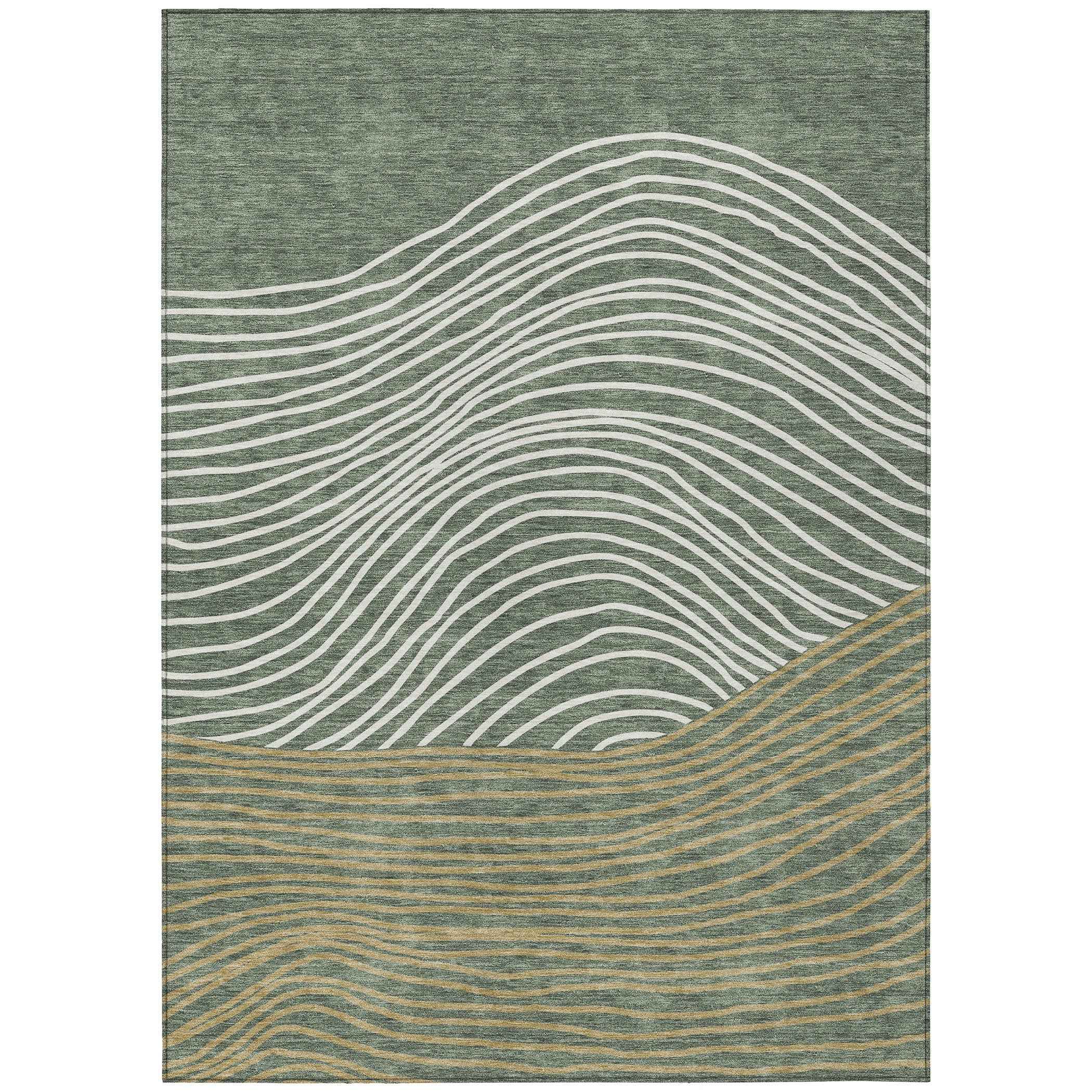 10' X 14' Fern Green Ivory And Gold Striped Washable Indoor Outdoor Area Rug