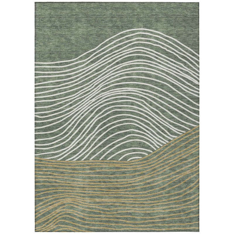 10' X 14' Fern Green Ivory And Gold Striped Washable Indoor Outdoor Area Rug