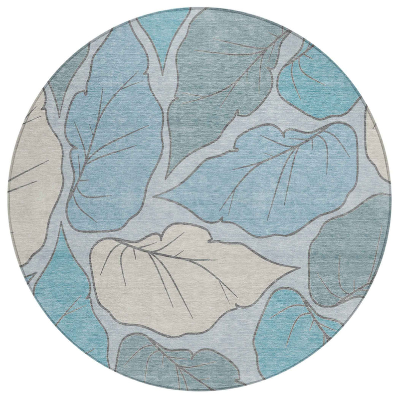 8' Teal Blue And Ivory Round Botanical Leaves Washable Indoor Outdoor Area Rug