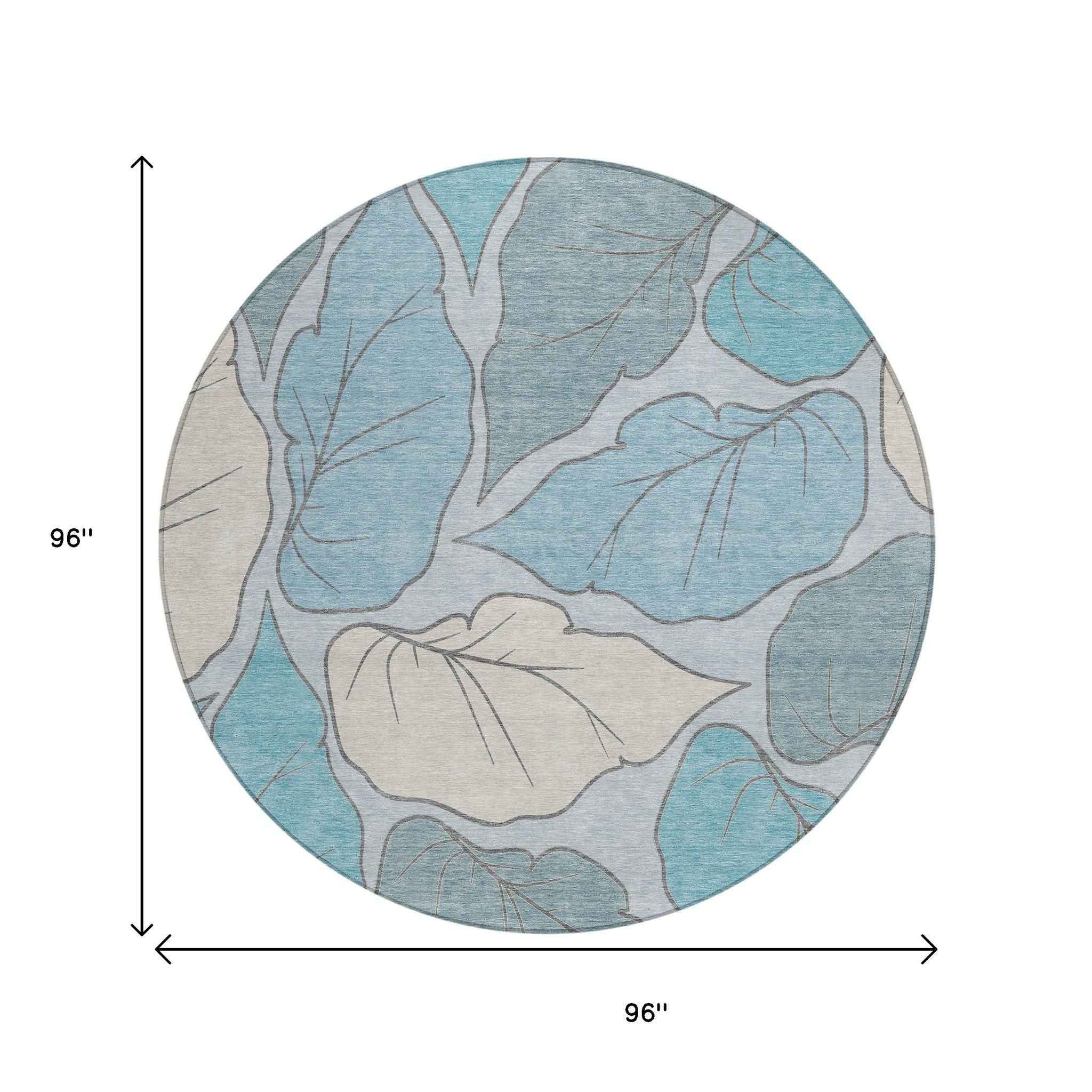 8' Teal Blue And Ivory Round Botanical Leaves Washable Indoor Outdoor Area Rug
