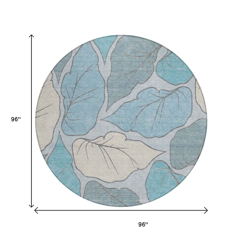 8' Teal Blue And Ivory Round Botanical Leaves Washable Indoor Outdoor Area Rug