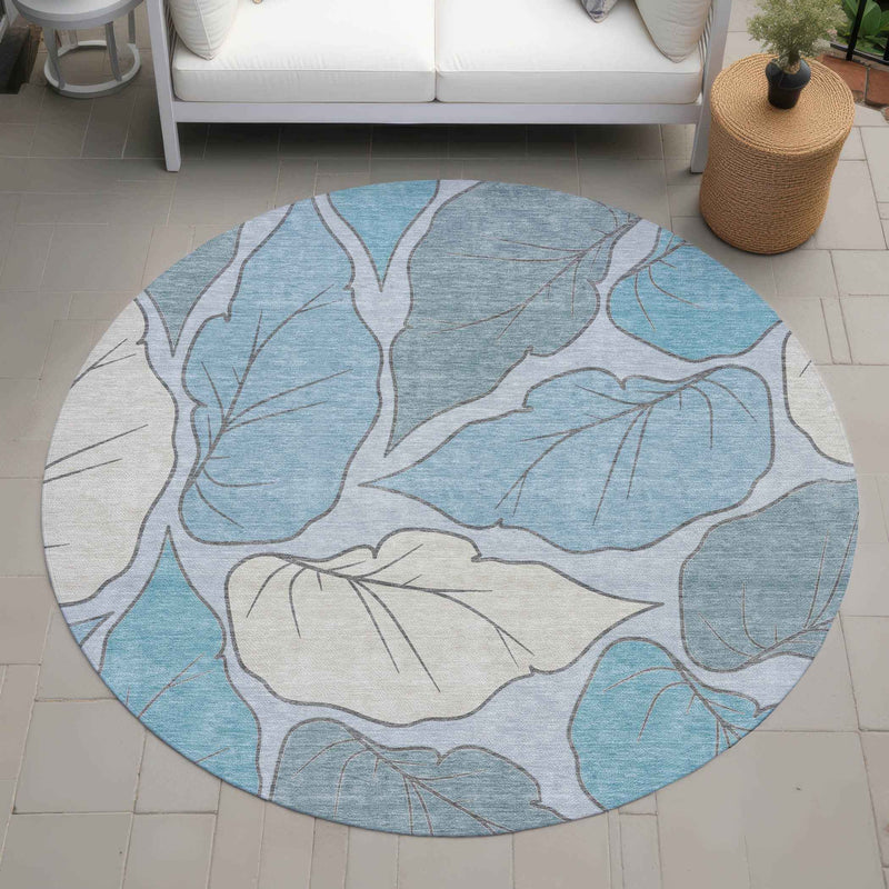 8' Teal Blue And Ivory Round Botanical Leaves Washable Indoor Outdoor Area Rug
