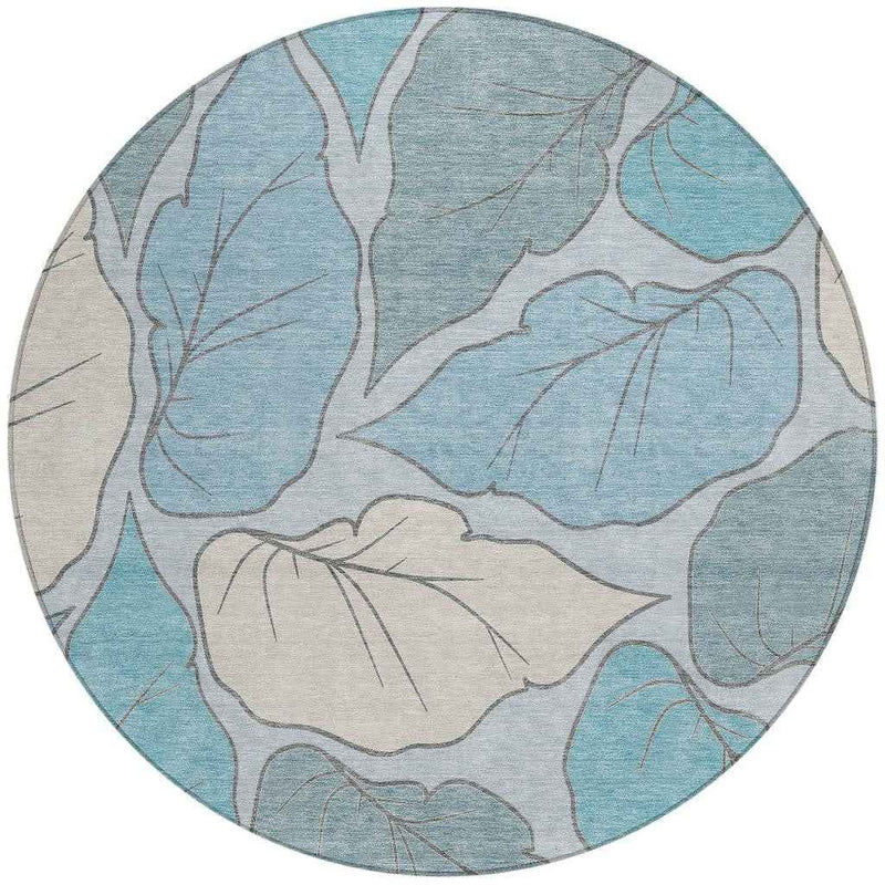 8' Teal Blue And Ivory Round Botanical Leaves Washable Indoor Outdoor Area Rug