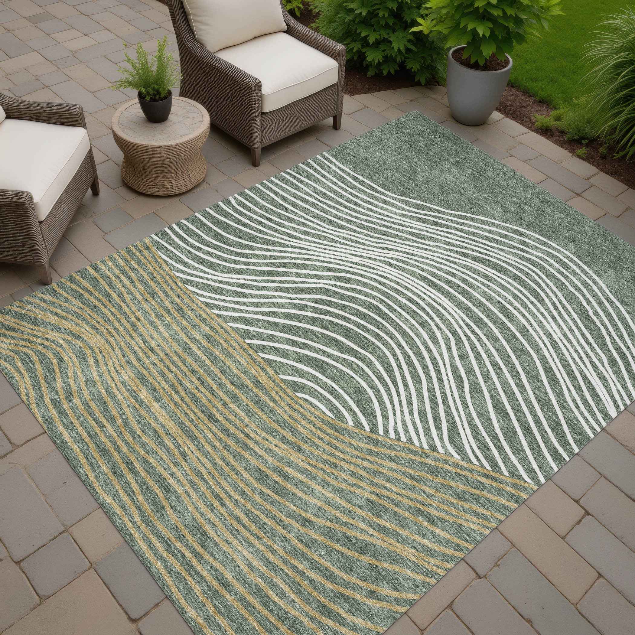 10' X 14' Fern Green Ivory And Gold Striped Washable Indoor Outdoor Area Rug
