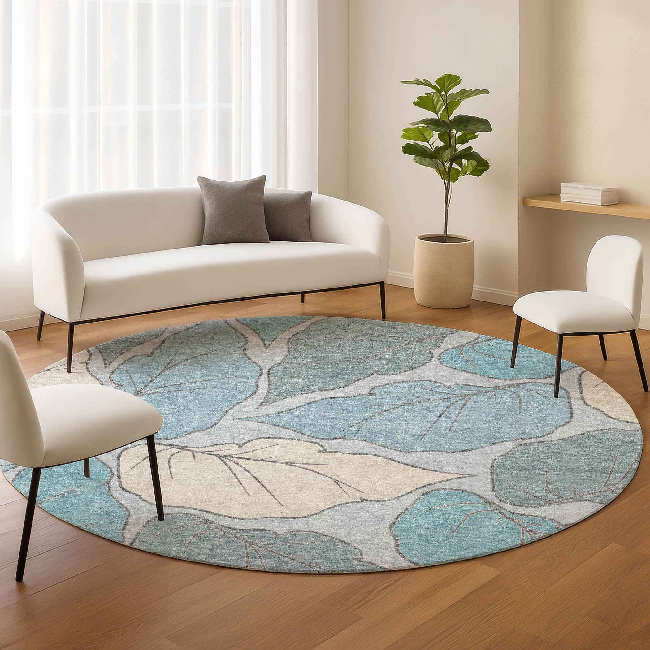 8' Teal Blue And Ivory Round Botanical Leaves Washable Indoor Outdoor Area Rug