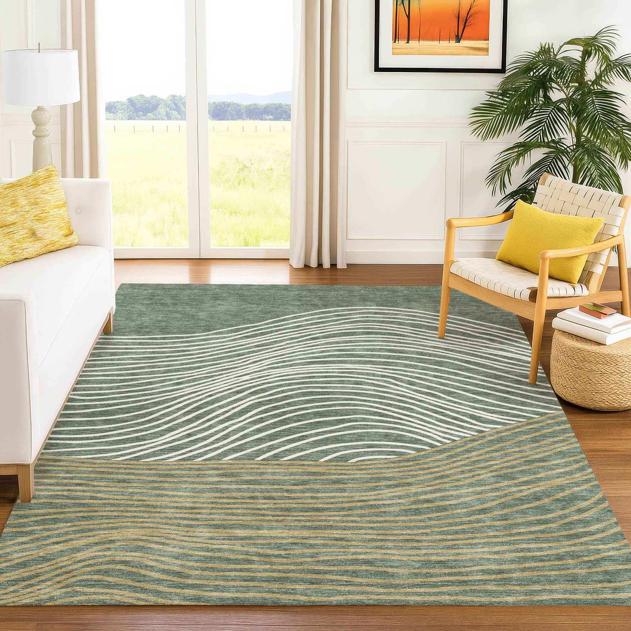 10' X 14' Fern Green Ivory And Gold Striped Washable Indoor Outdoor Area Rug