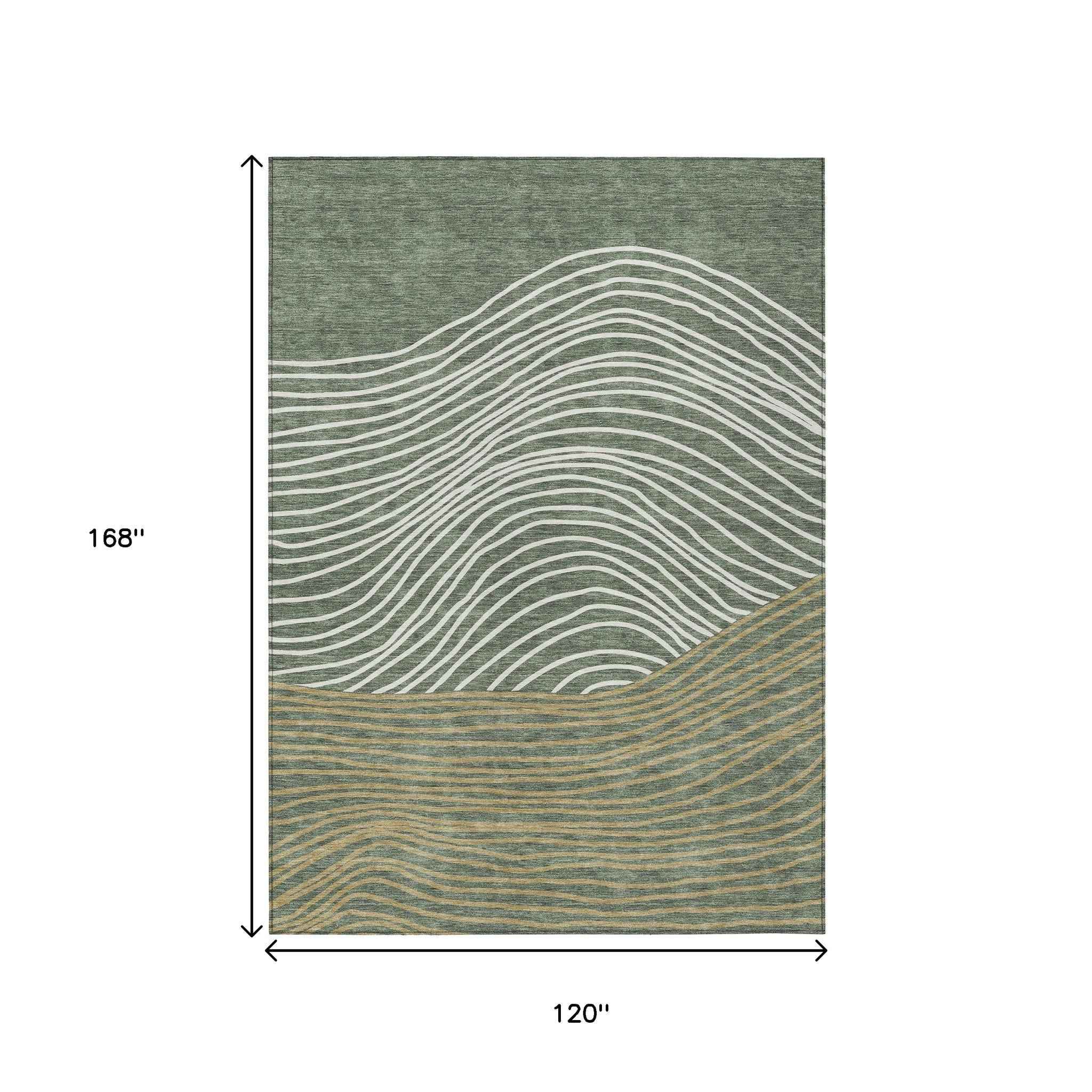 10' X 14' Fern Green Ivory And Gold Striped Washable Indoor Outdoor Area Rug