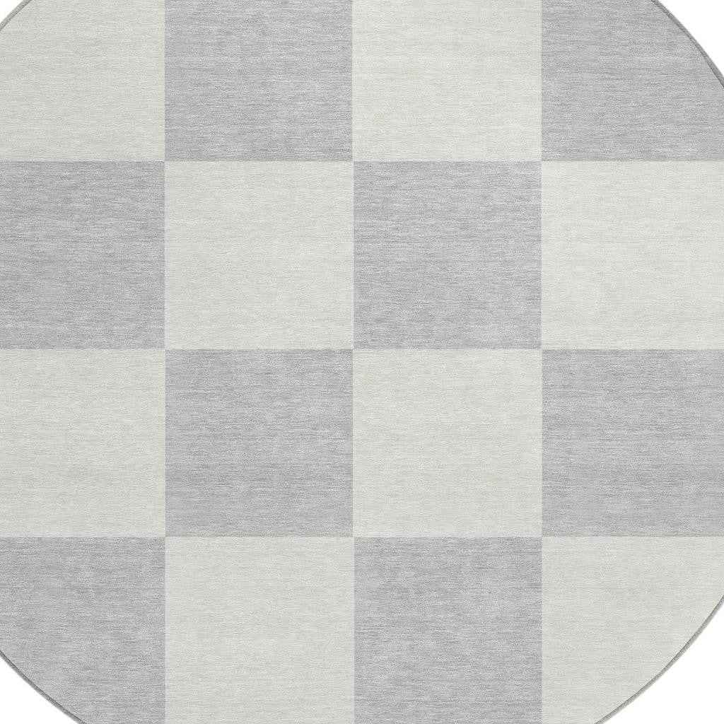 8' Silver And Ivory Round Geometric Washable Indoor Outdoor Area Rug