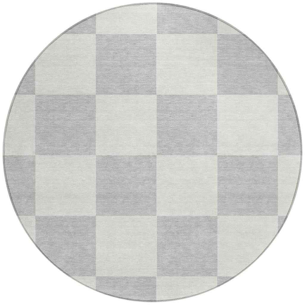 8' Silver And Ivory Round Geometric Washable Indoor Outdoor Area Rug