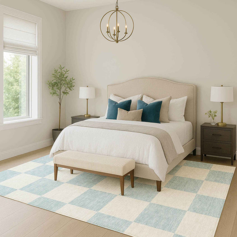 3' X 5' Sky Blue And Ivory Geometric Washable Indoor Outdoor Area Rug