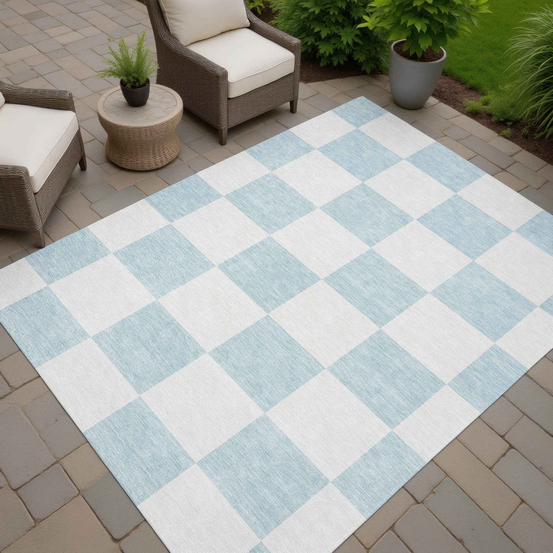 3' X 5' Sky Blue And Ivory Geometric Washable Indoor Outdoor Area Rug