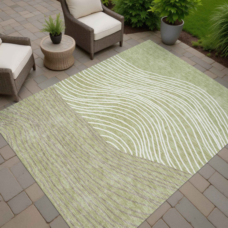 8' X 10' Artichoke Green And Ivory Striped Washable Indoor Outdoor Area Rug