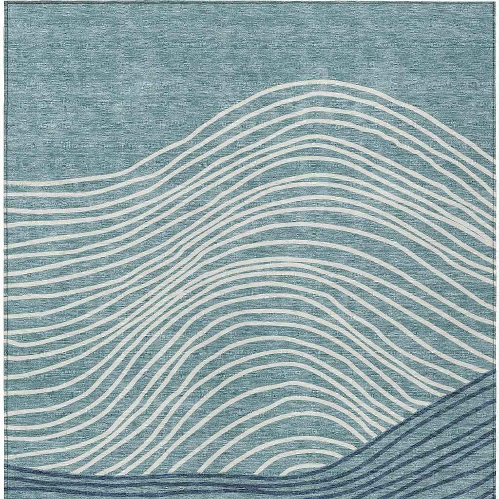 9' X 12' Teal Blue And Ivory Striped Washable Indoor Outdoor Area Rug