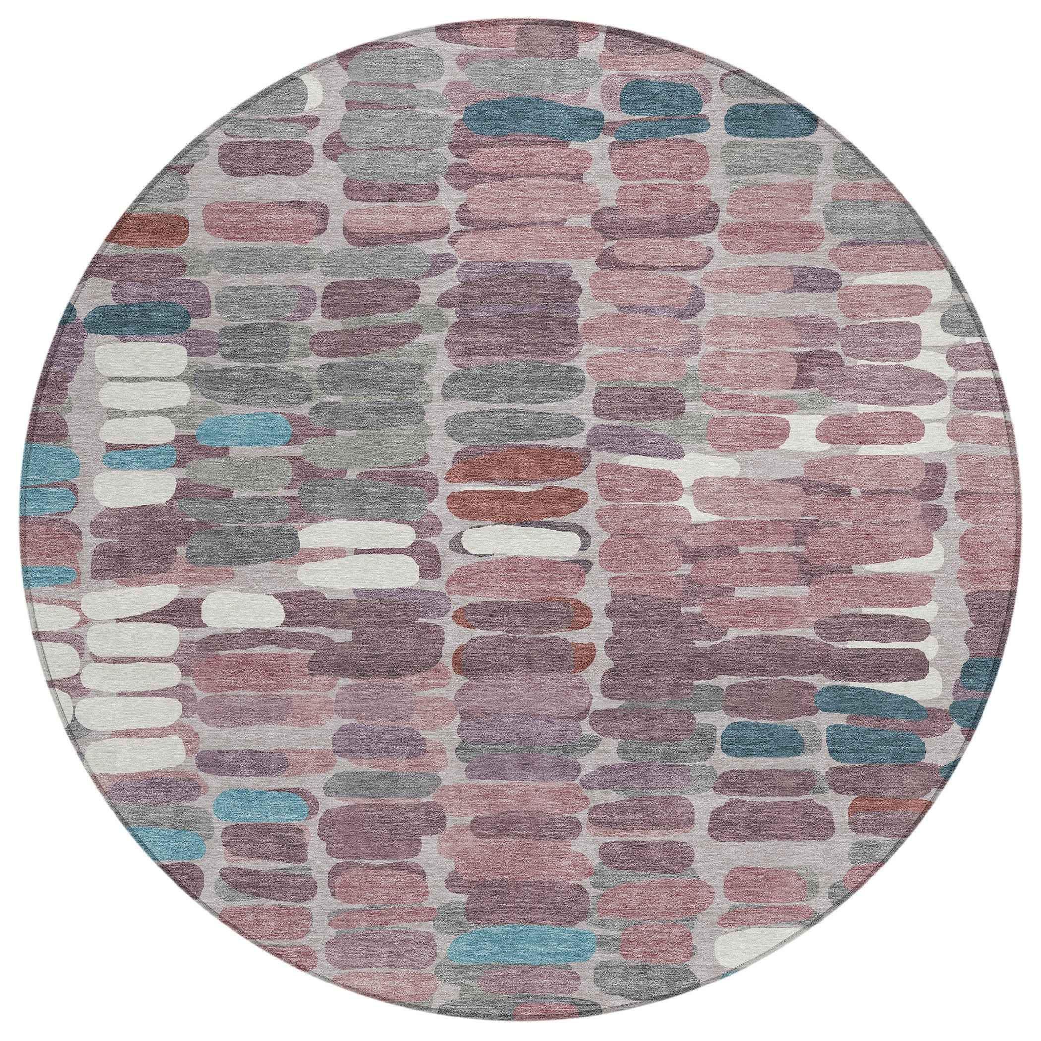 8' Blush Pink And Merlot Round Abstract Washable Indoor Outdoor Area Rug