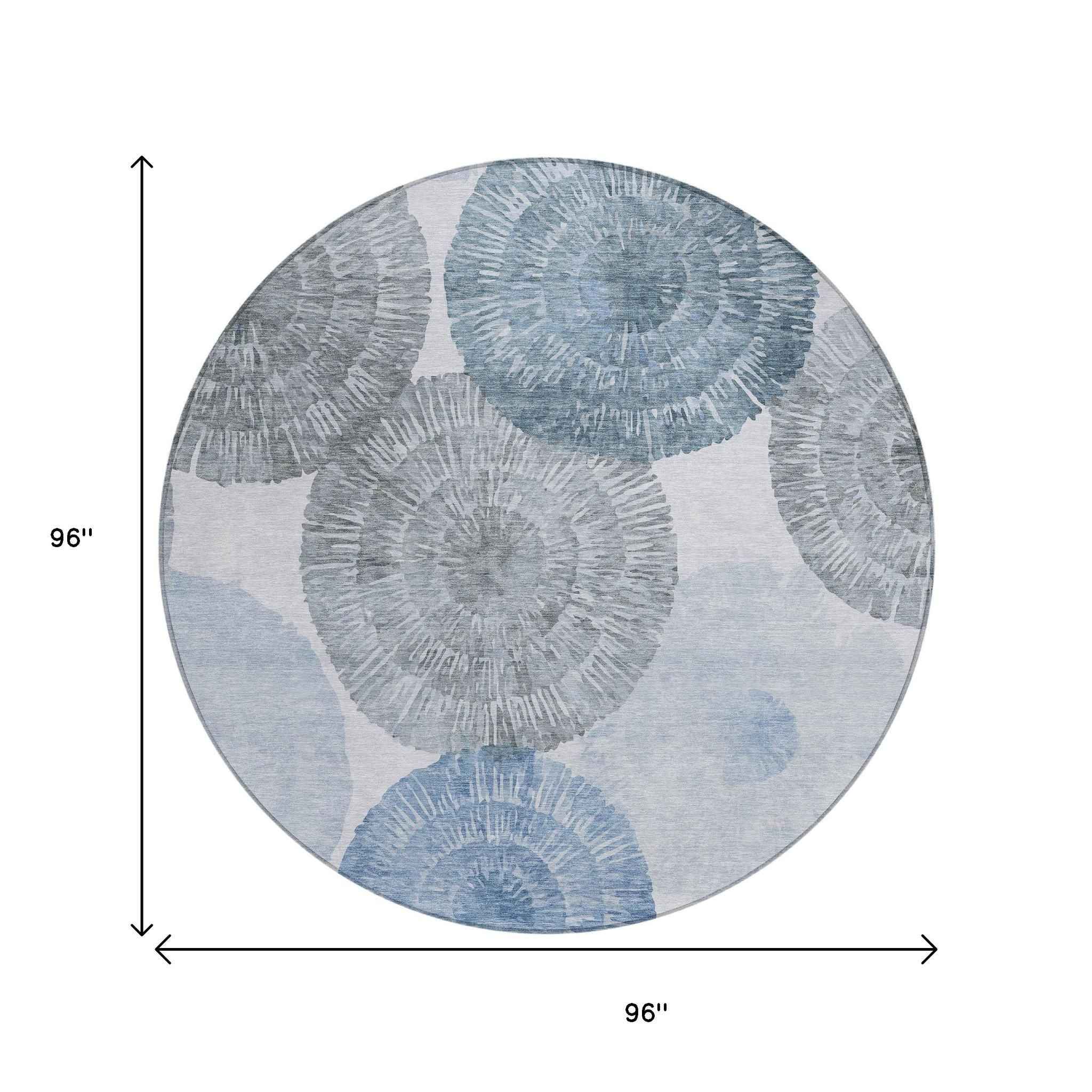 8' Denim Blue Ivory And Gray Round Abstract Washable Indoor Outdoor Area Rug