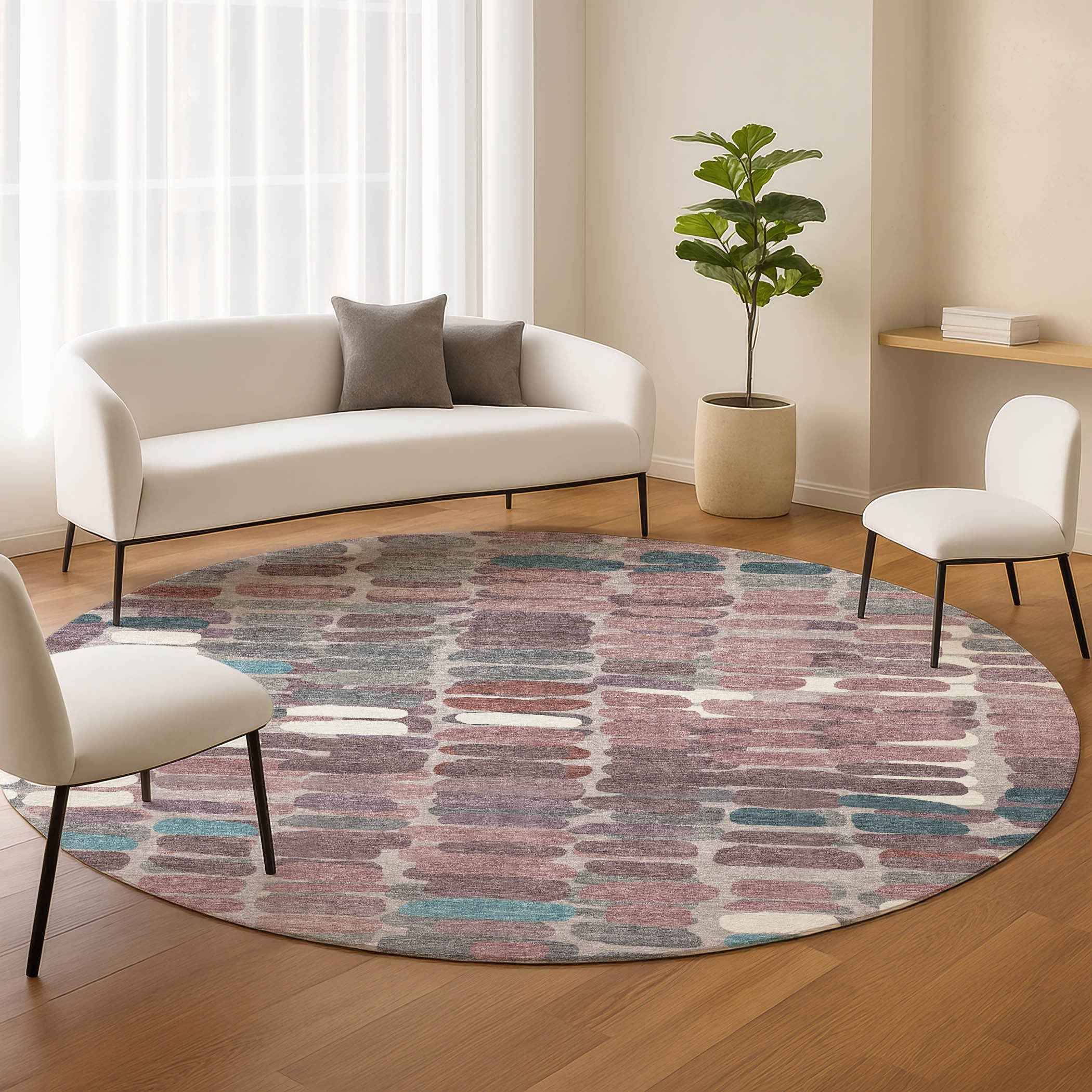 8' Blush Pink And Merlot Round Abstract Washable Indoor Outdoor Area Rug