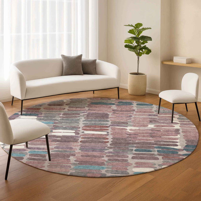 8' Blush Pink And Merlot Round Abstract Washable Indoor Outdoor Area Rug