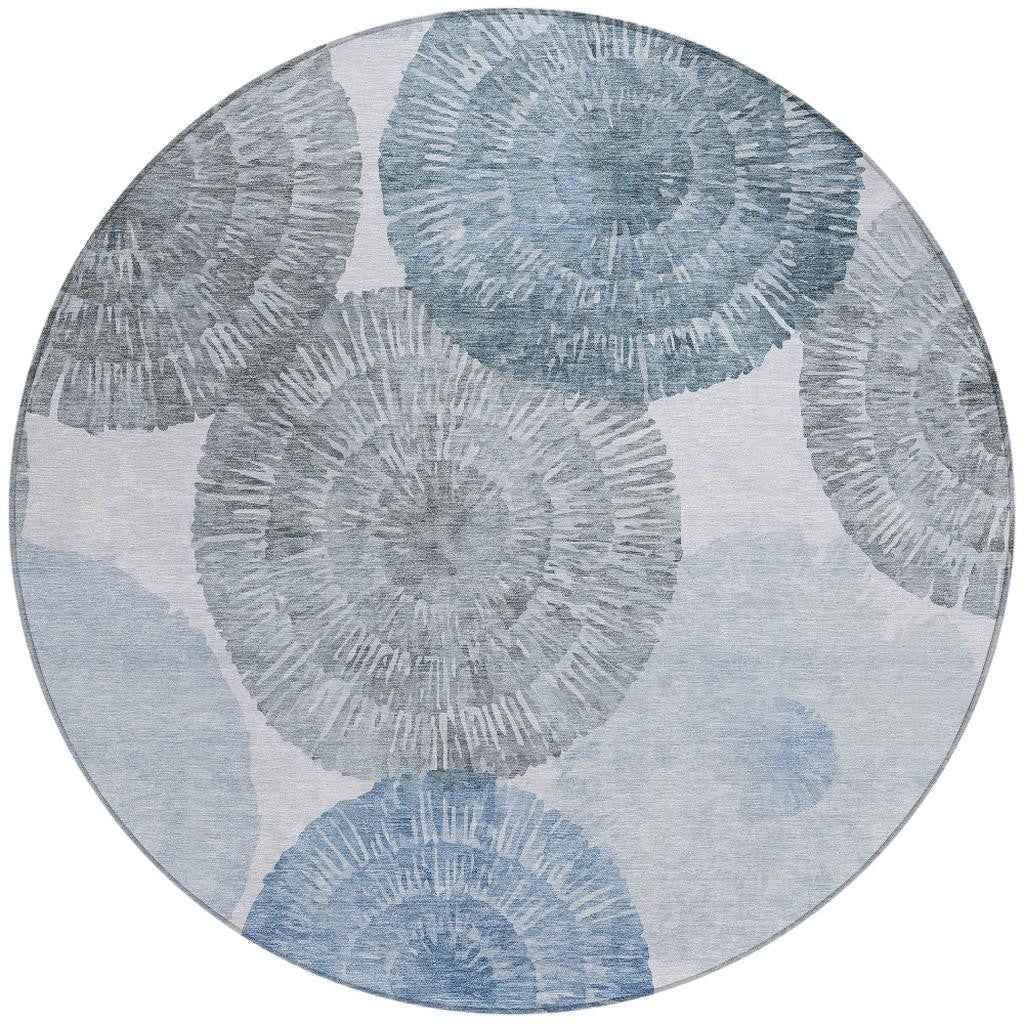 8' Denim Blue Ivory And Gray Round Abstract Washable Indoor Outdoor Area Rug