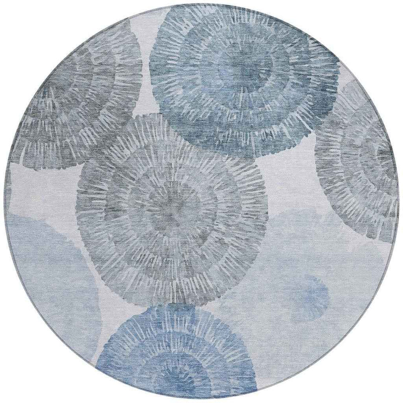 8' Denim Blue Ivory And Gray Round Abstract Washable Indoor Outdoor Area Rug