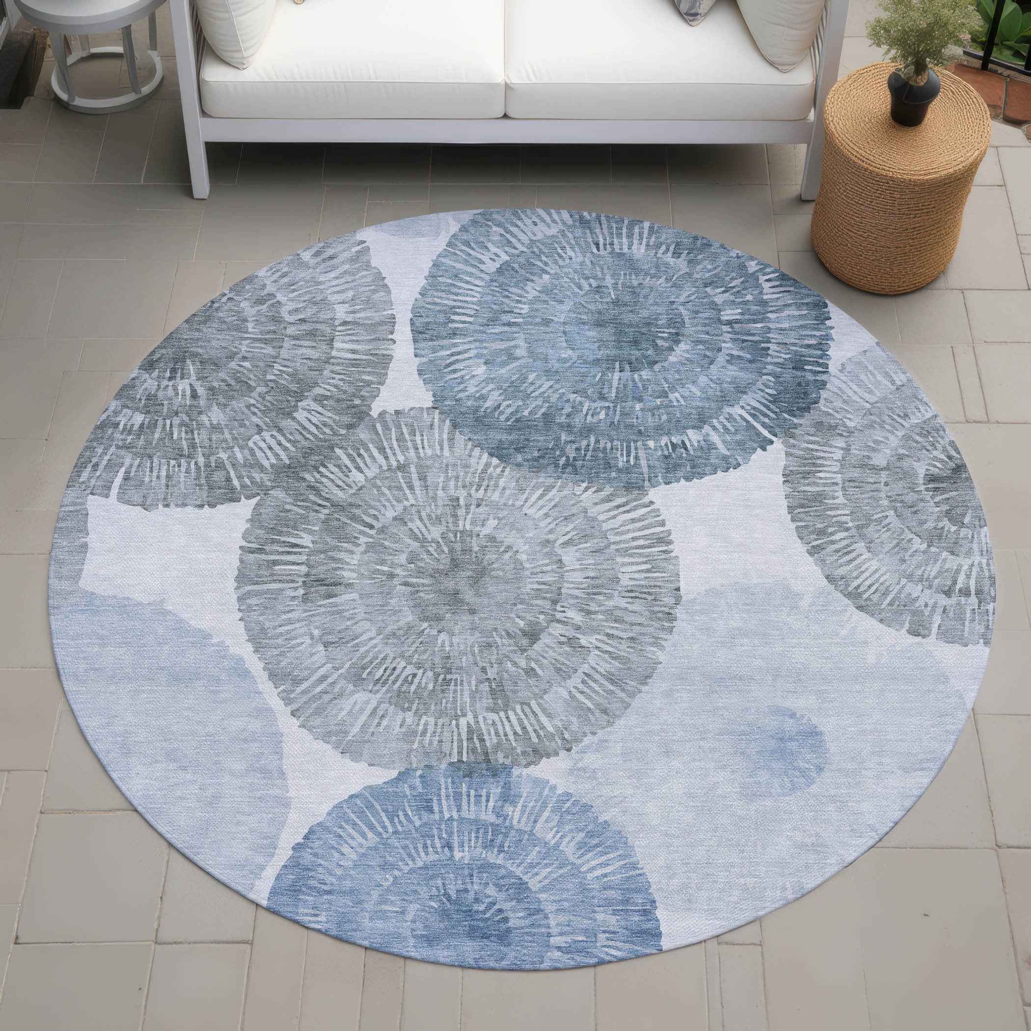 8' Denim Blue Ivory And Gray Round Abstract Washable Indoor Outdoor Area Rug