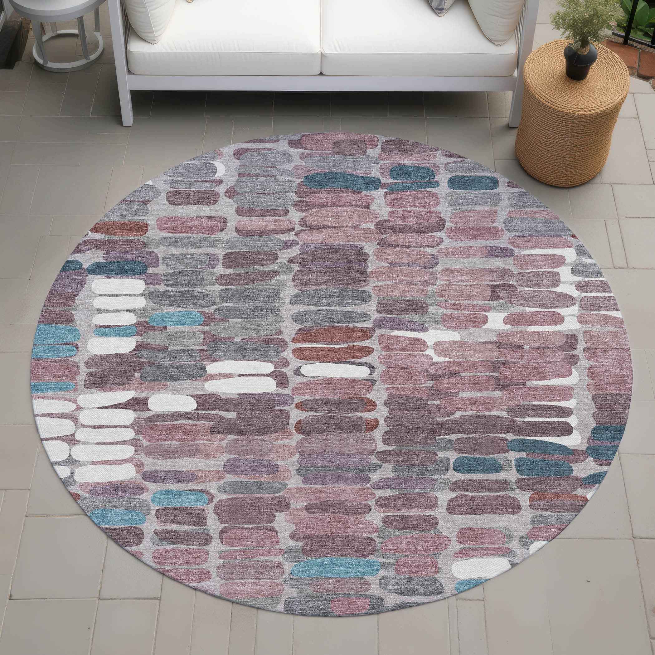 8' Blush Pink And Merlot Round Abstract Washable Indoor Outdoor Area Rug