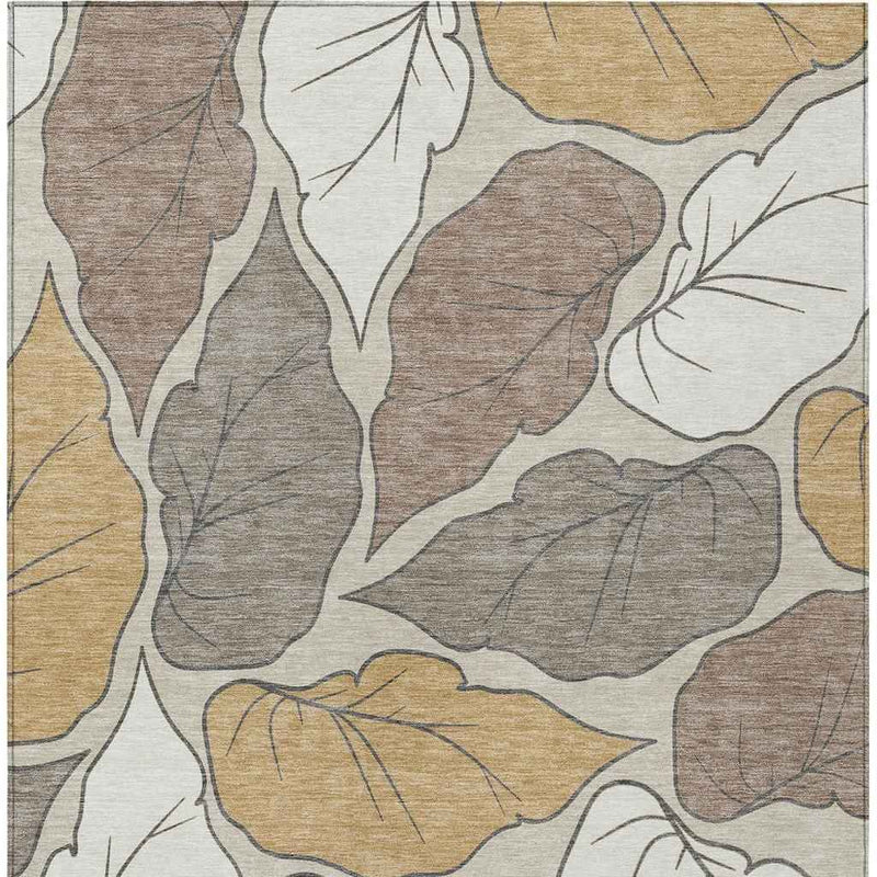3' X 5' Linen Ivory And Brown Botanical Leaves Washable Indoor Outdoor Area Rug