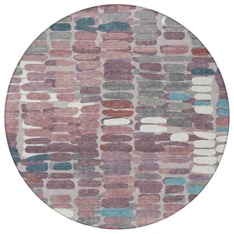 8' Blush Pink And Merlot Round Abstract Washable Indoor Outdoor Area Rug