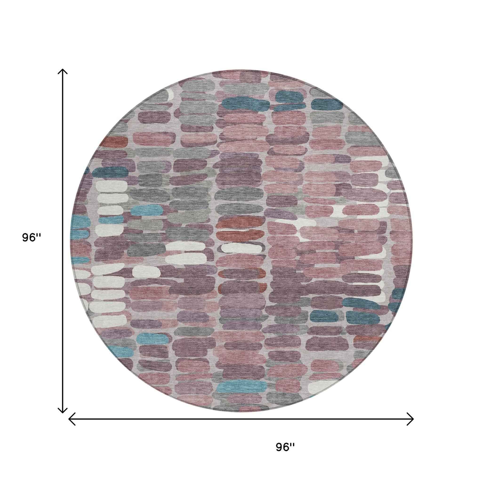 8' Blush Pink And Merlot Round Abstract Washable Indoor Outdoor Area Rug