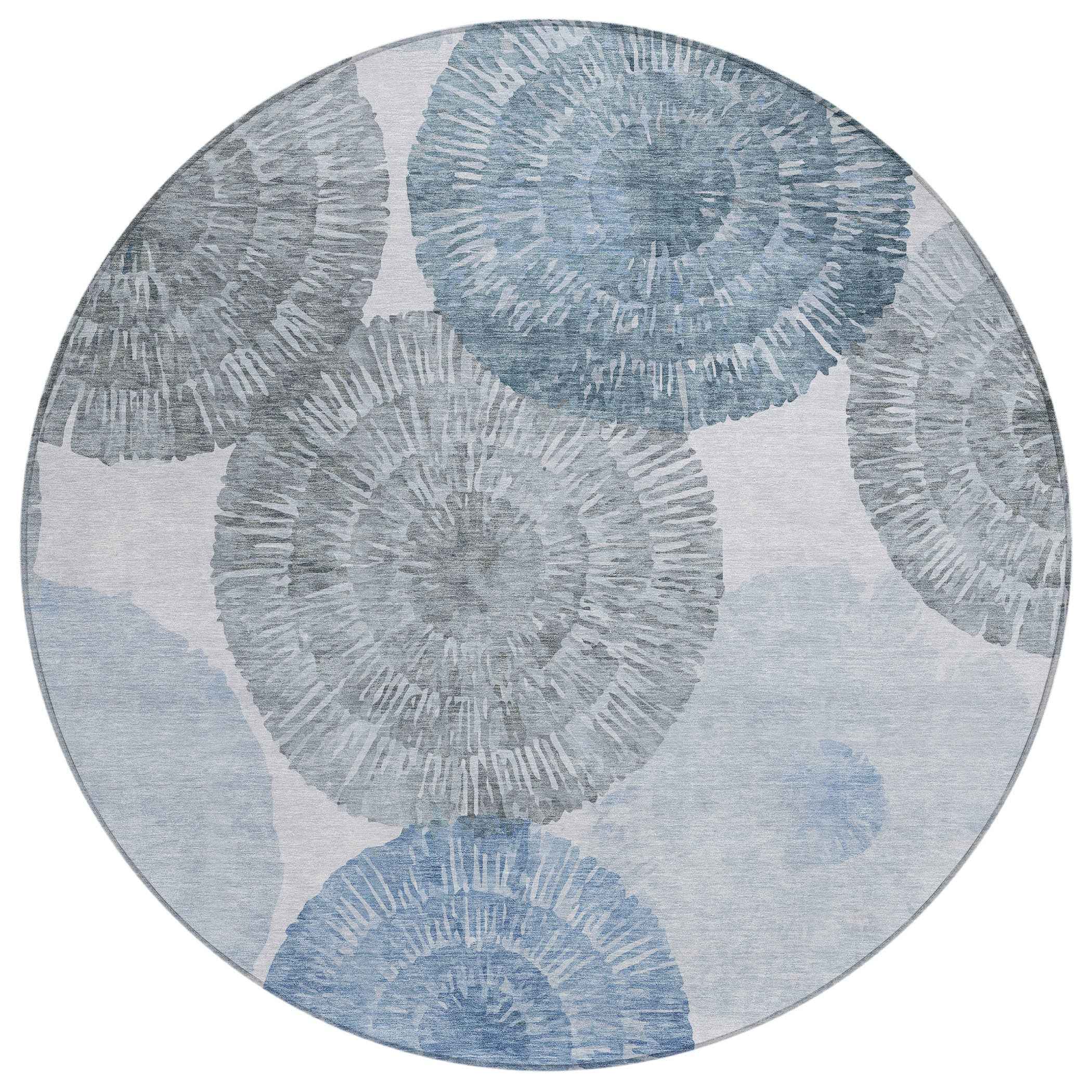 8' Denim Blue Ivory And Gray Round Abstract Washable Indoor Outdoor Area Rug