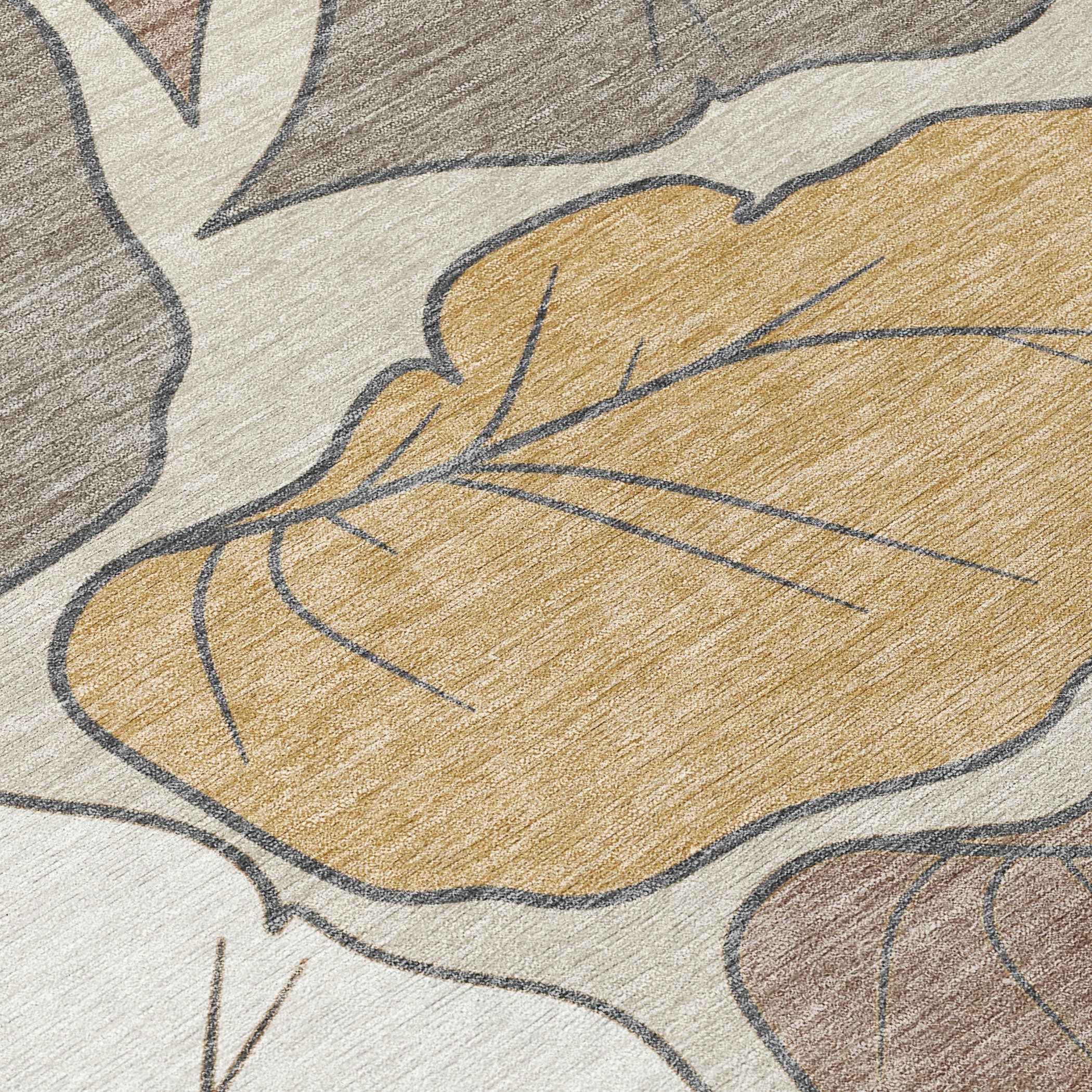 3' X 5' Linen Ivory And Brown Botanical Leaves Washable Indoor Outdoor Area Rug