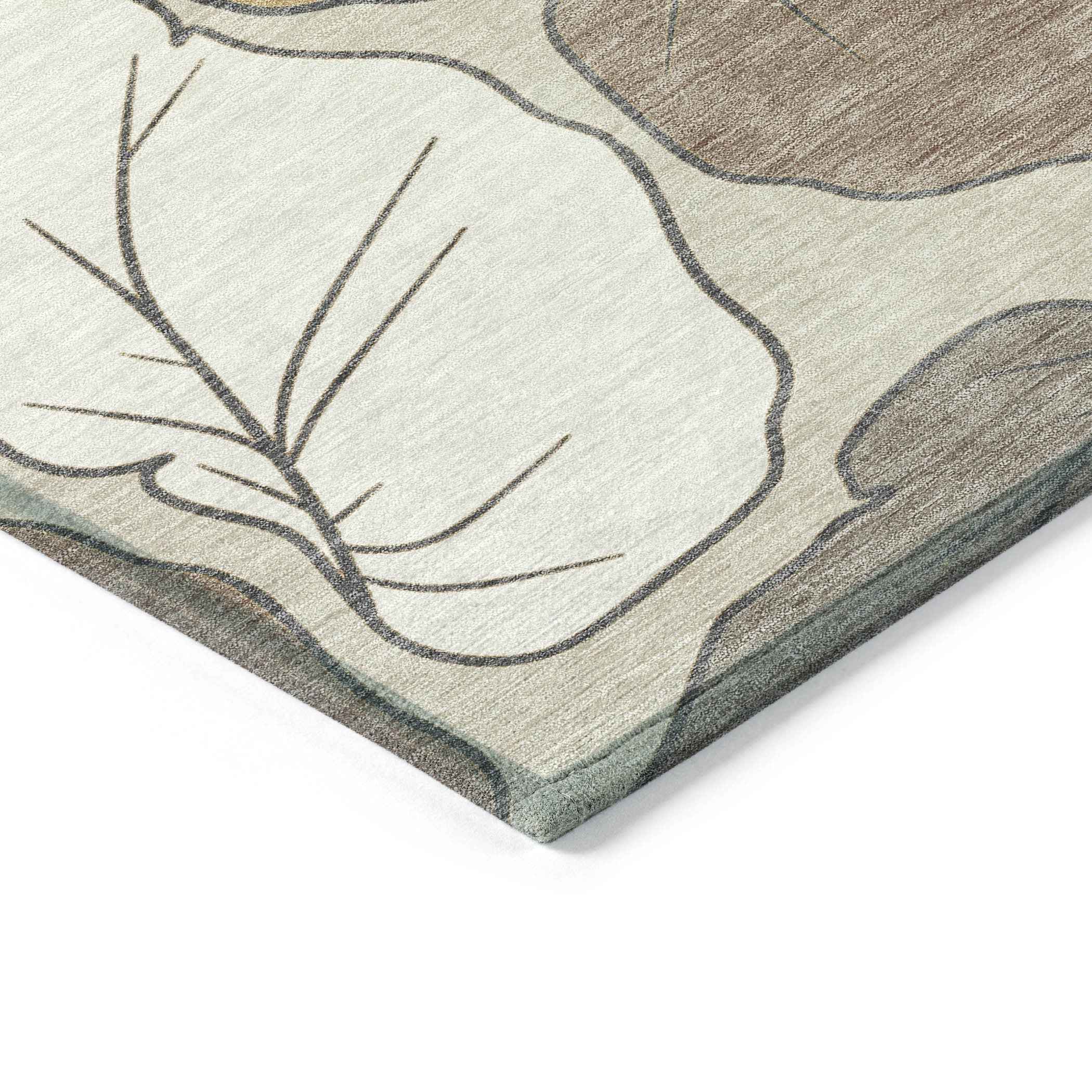 3' X 5' Linen Ivory And Brown Botanical Leaves Washable Indoor Outdoor Area Rug