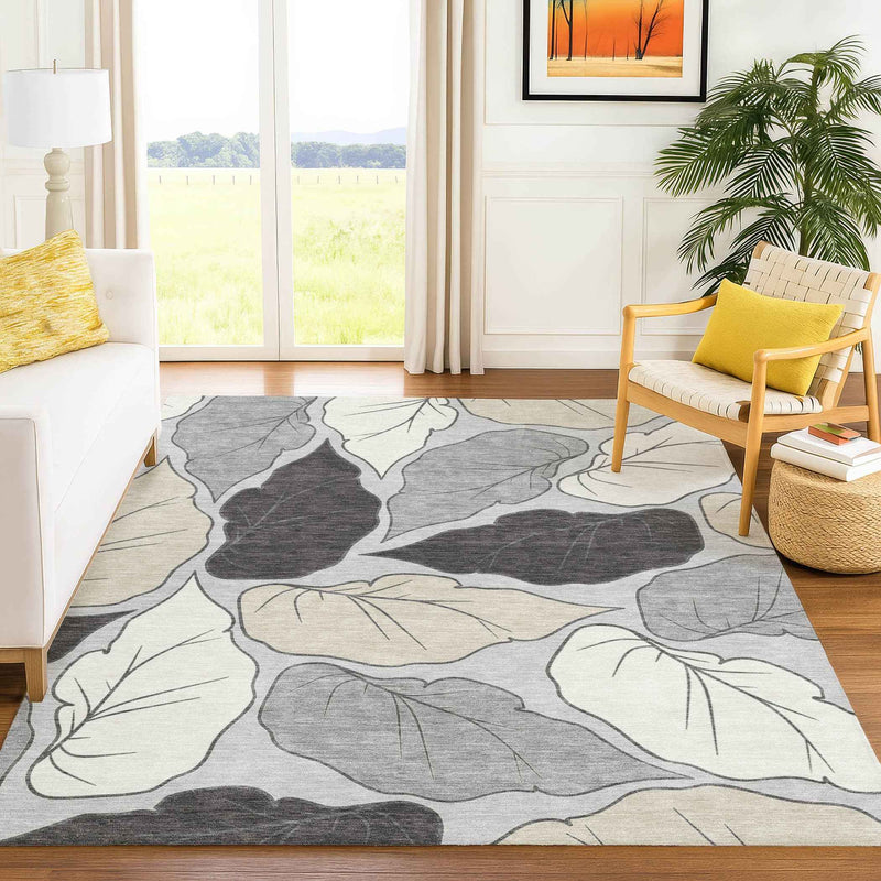 3' X 5' Silver Gray And Beige Botanical Leaves Washable Indoor Outdoor Area Rug