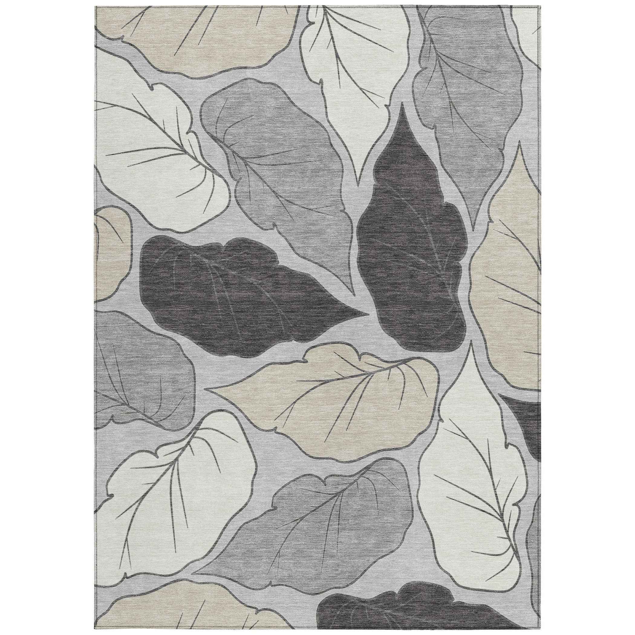 3' X 5' Silver Gray And Beige Botanical Leaves Washable Indoor Outdoor Area Rug