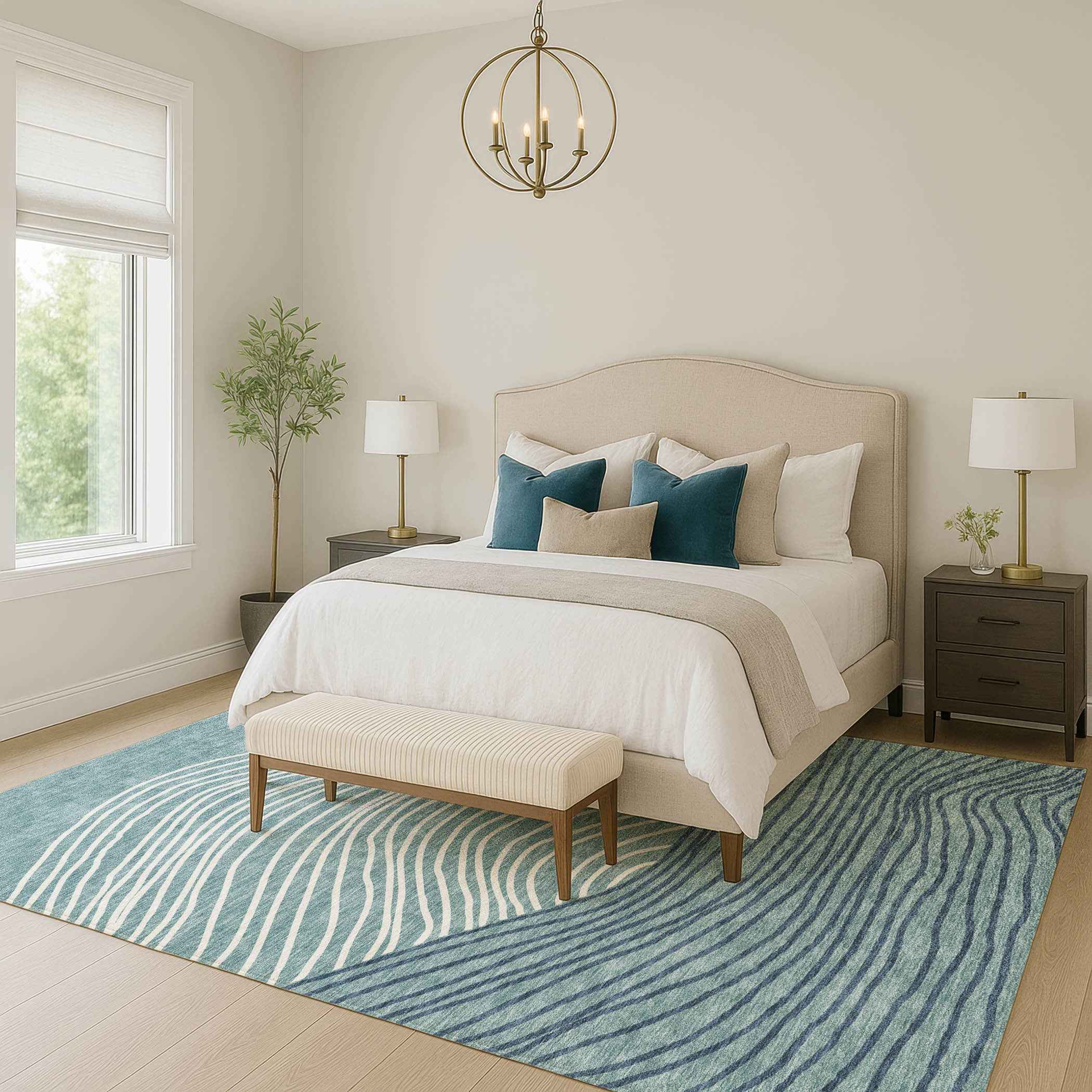 5' X 8' Teal Blue And Ivory Striped Washable Indoor Outdoor Area Rug