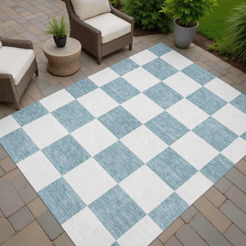 10' X 14' Teal Blue And Ivory Geometric Washable Indoor Outdoor Area Rug