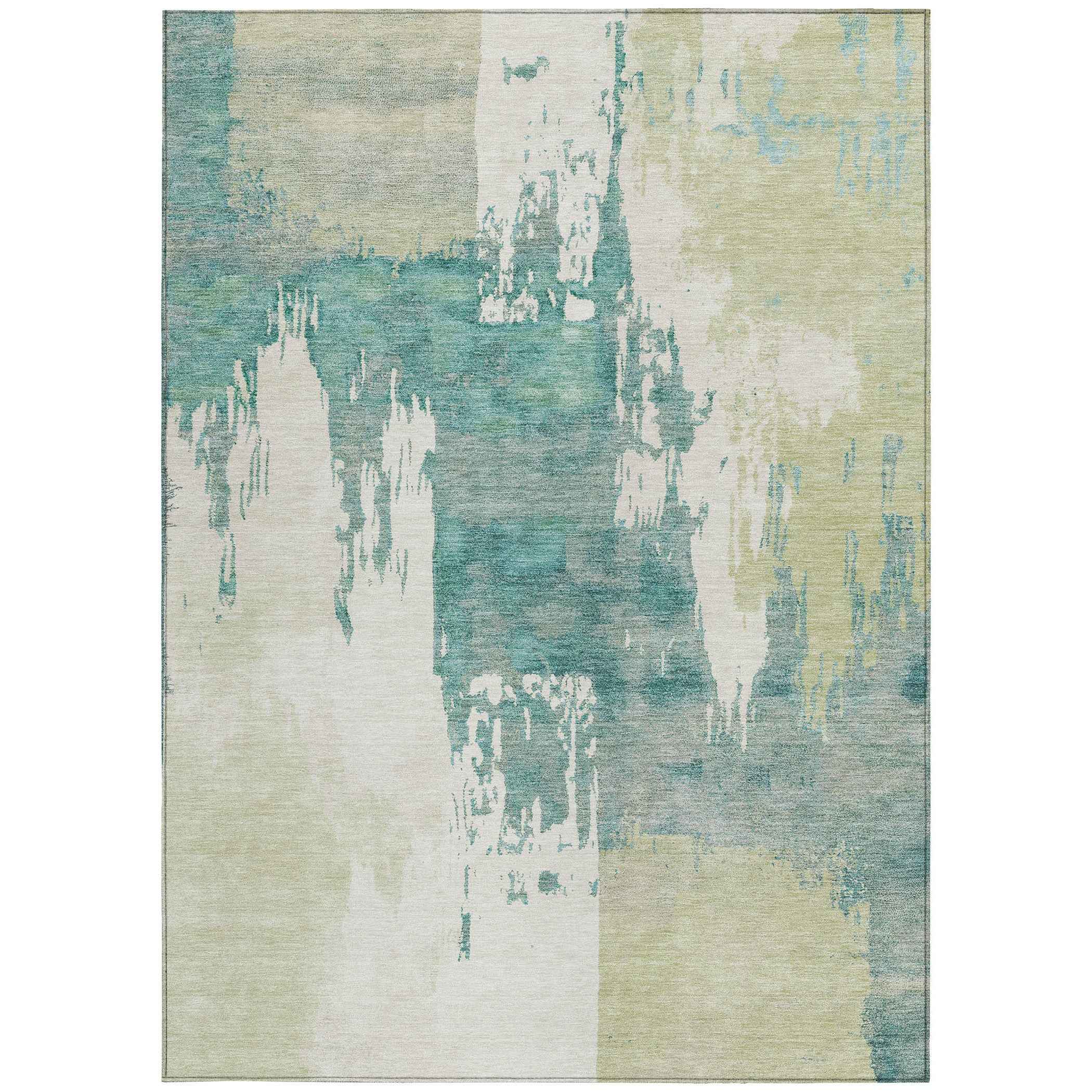 8' X 10' Artichoke Green Ivory And Aqua Abstract Washable Indoor Outdoor Area Rug