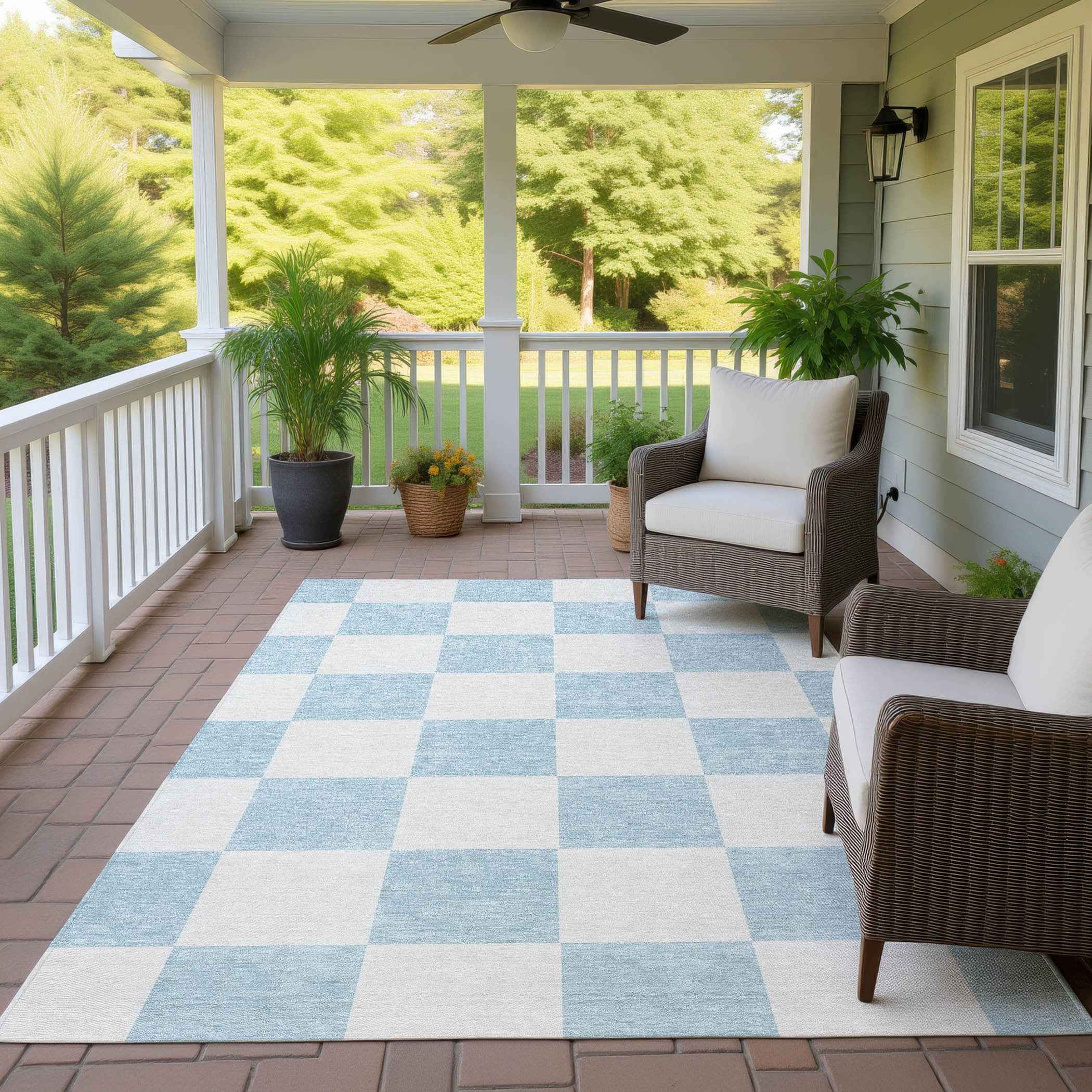 10' X 14' Sky Blue And Ivory Geometric Washable Indoor Outdoor Area Rug