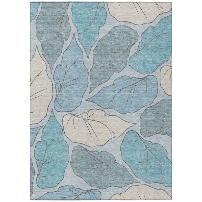 3' X 5' Teal Blue And Ivory Botanical Leaves Washable Indoor Outdoor Area Rug