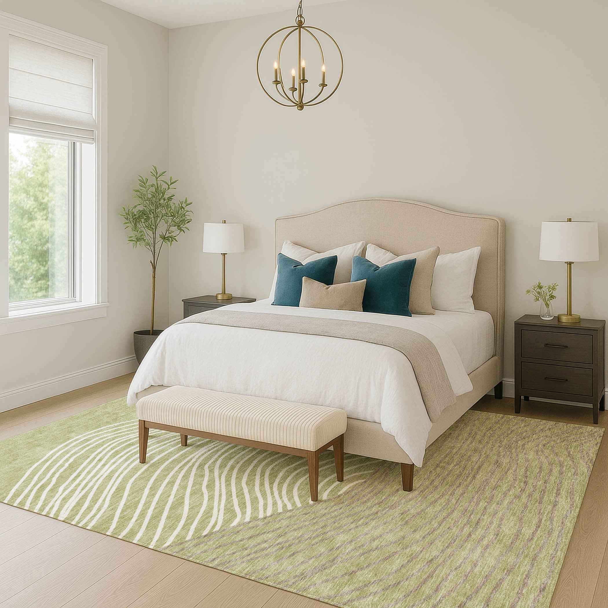 3' X 5' Artichoke Green And Ivory Striped Washable Indoor Outdoor Area Rug