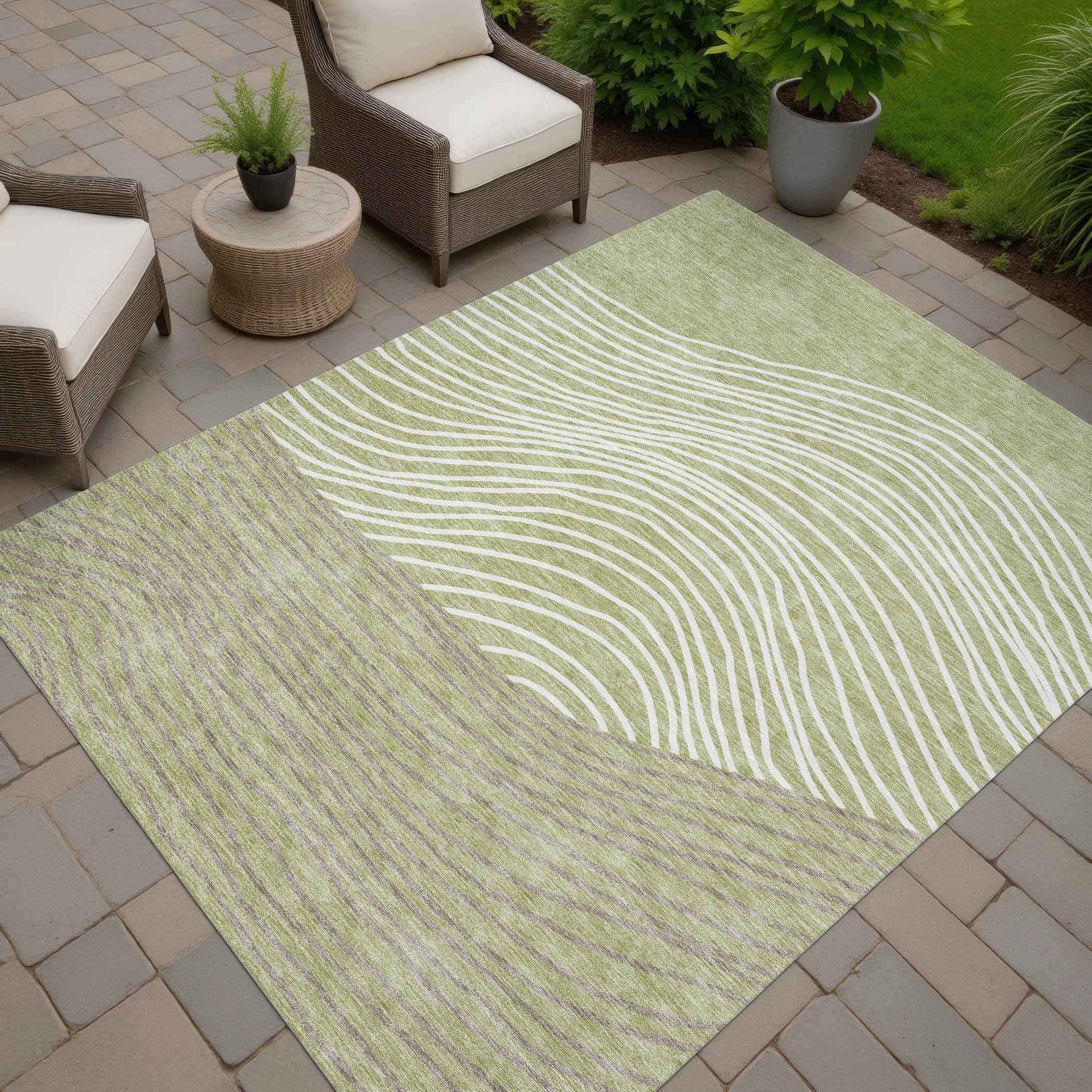 3' X 5' Artichoke Green And Ivory Striped Washable Indoor Outdoor Area Rug