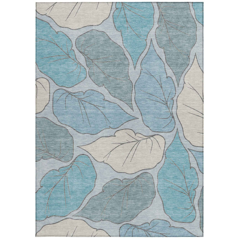 5' X 8' Teal Blue And Ivory Botanical Leaves Washable Indoor Outdoor Area Rug