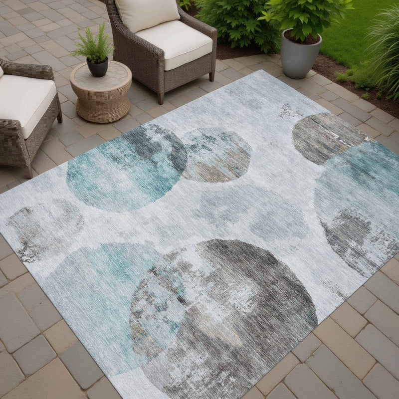 10' X 14' Teal Blue Ivory And Taupe Abstract Washable Indoor Outdoor Area Rug
