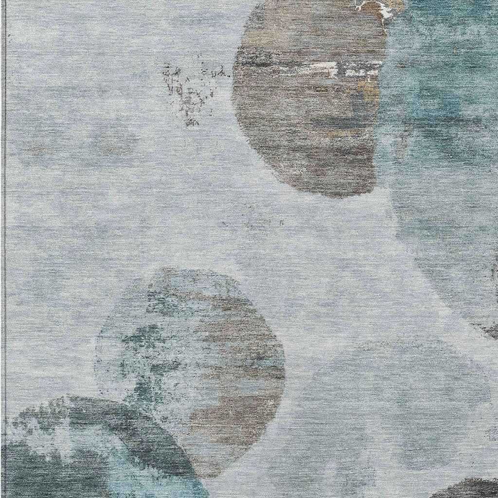 10' X 14' Teal Blue Ivory And Taupe Abstract Washable Indoor Outdoor Area Rug