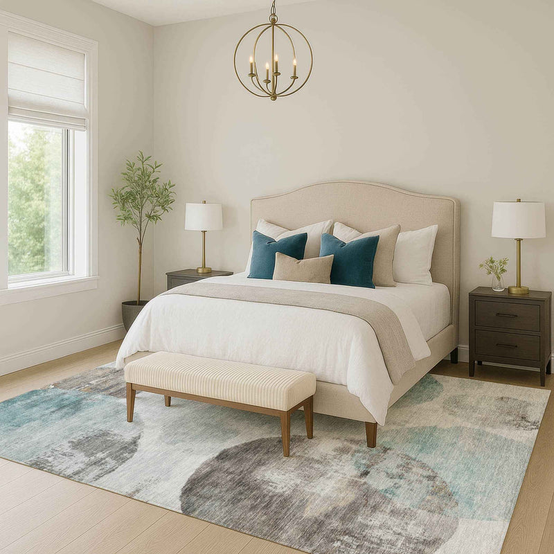 10' X 14' Teal Blue Ivory And Taupe Abstract Washable Indoor Outdoor Area Rug