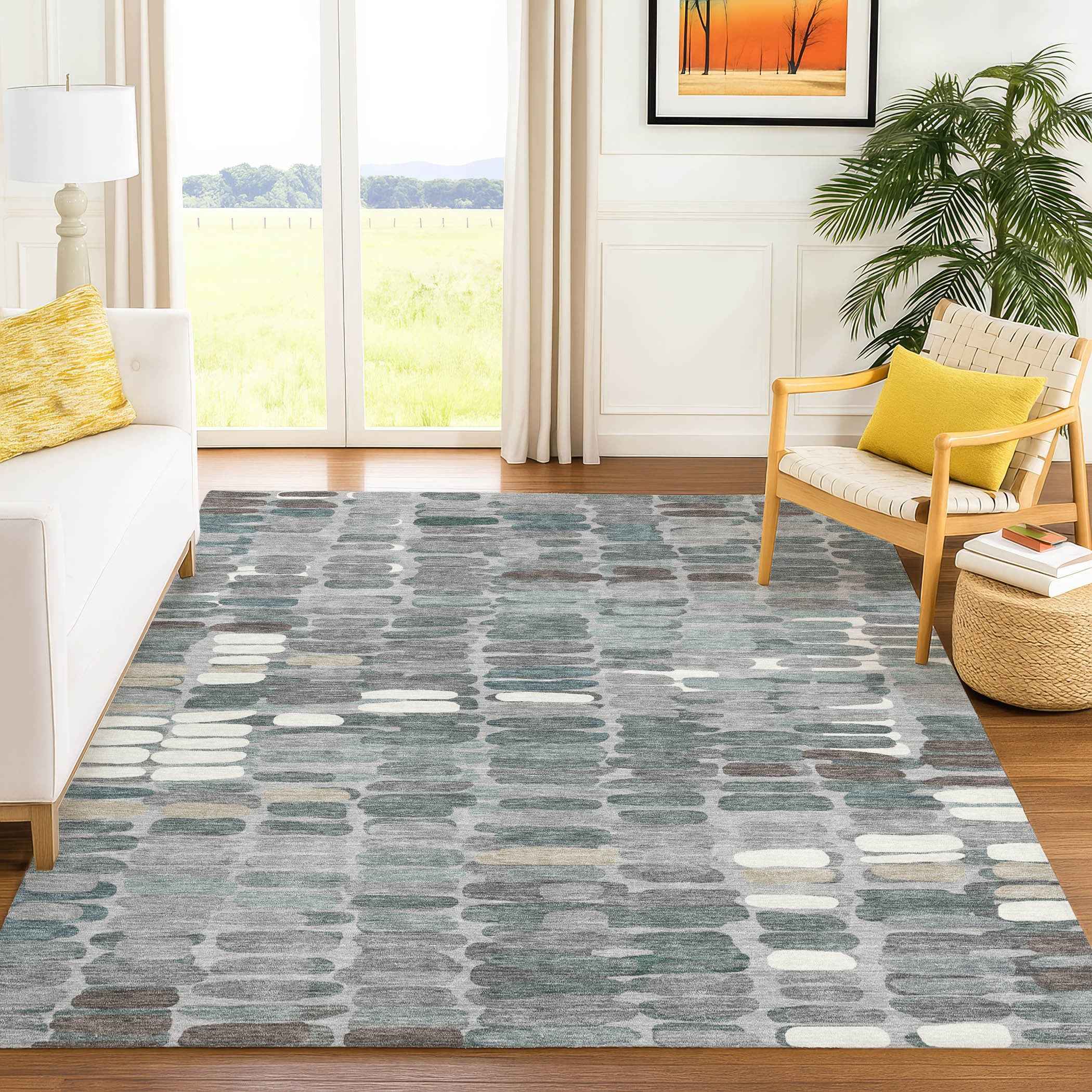 9' X 12' Gray Ivory And Pewter Abstract Washable Indoor Outdoor Area Rug