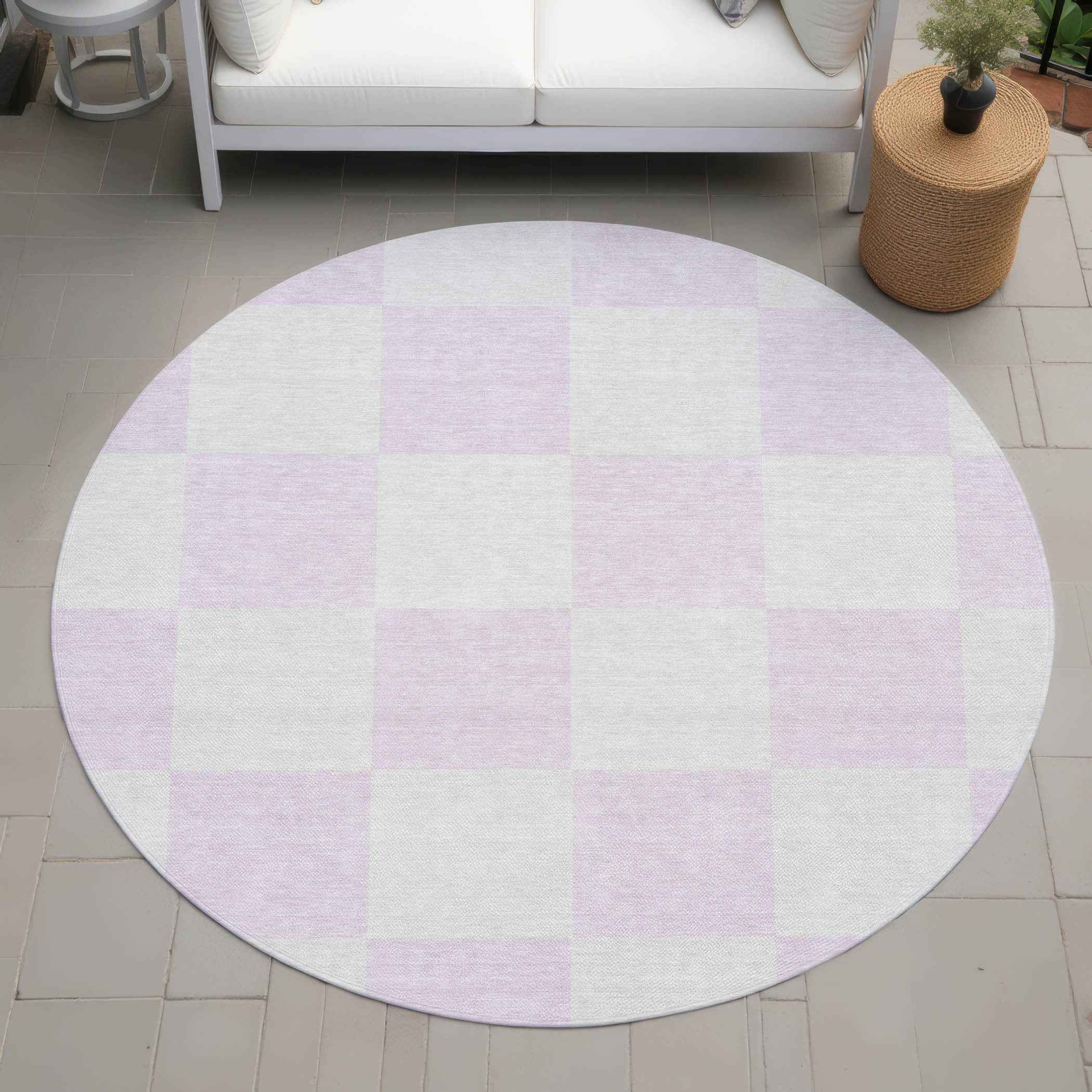 8' Pink And Ivory Round Geometric Washable Indoor Outdoor Area Rug