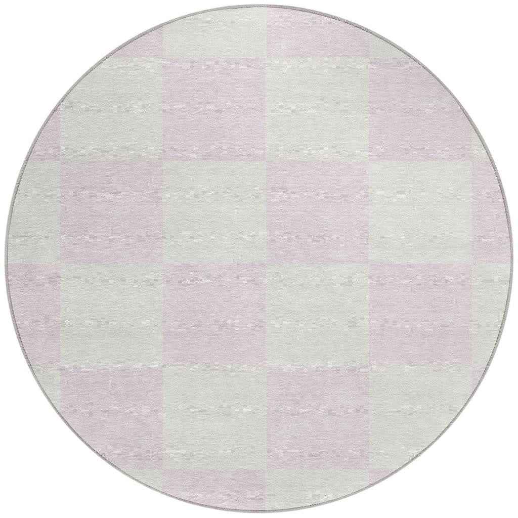 8' Pink And Ivory Round Geometric Washable Indoor Outdoor Area Rug