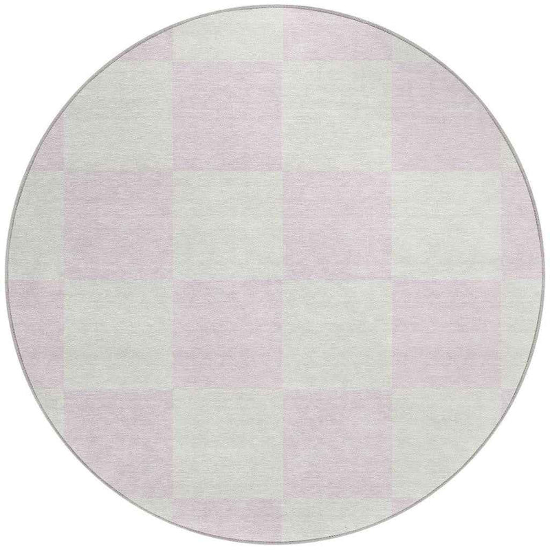 8' Pink And Ivory Round Geometric Washable Indoor Outdoor Area Rug