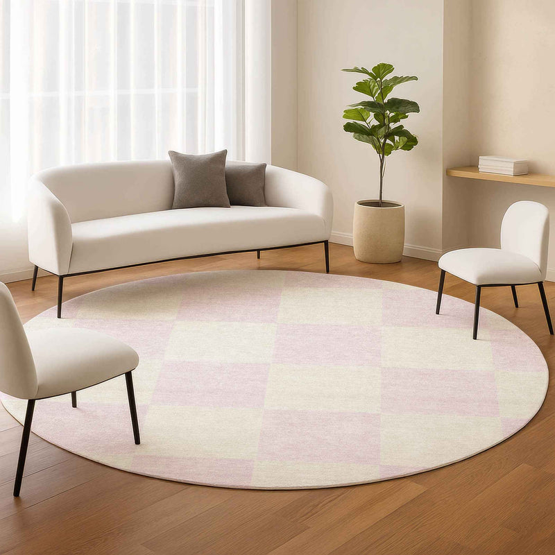 8' Pink And Ivory Round Geometric Washable Indoor Outdoor Area Rug